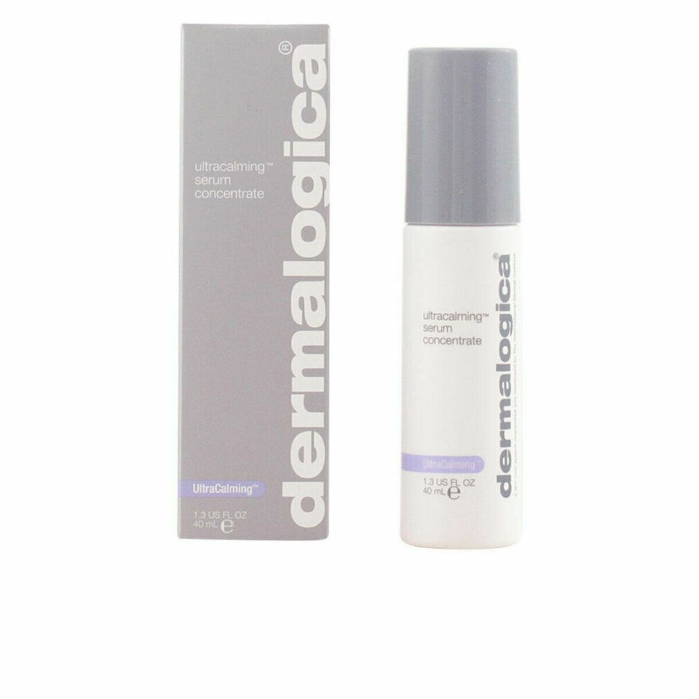 Flacon et boîte. Inscription: UltraCalming Serum Concentrate, Dermalogica. Emballage gris.