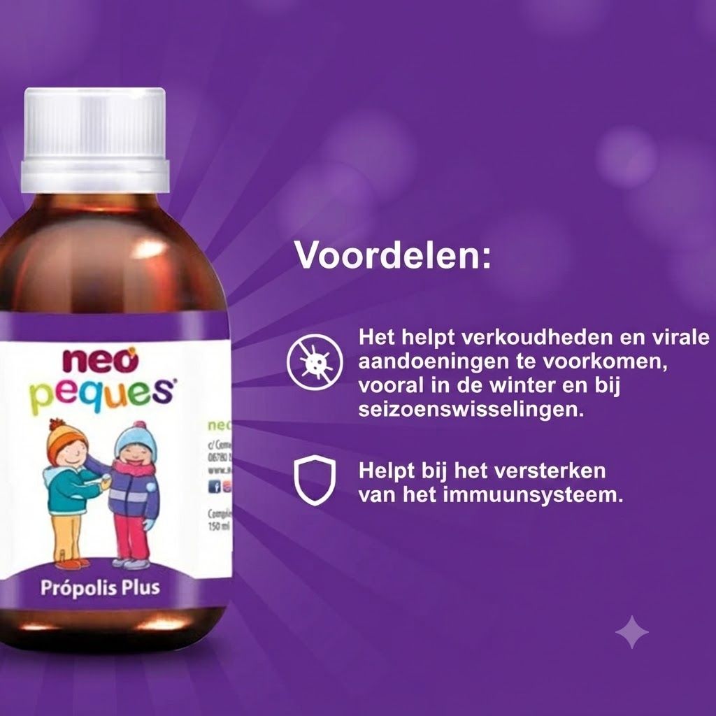 Bruine glazen fles met witte dop, etiket met kinderen en 'neo peques Própolis Plus'.