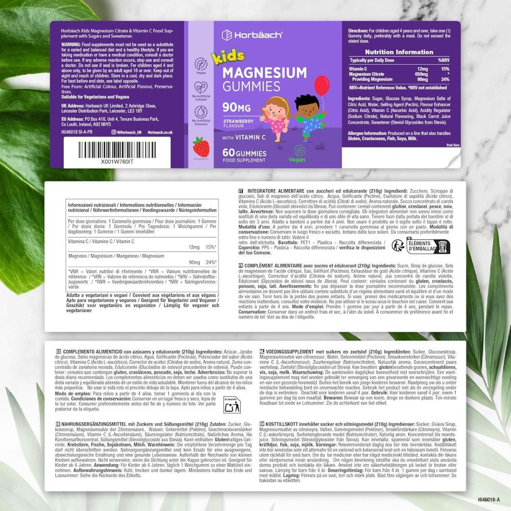 Horbaach Kinder Magnesium Gummies. Étiquette du produit avec ingrédients et informations nutritionnelles. Vegan.