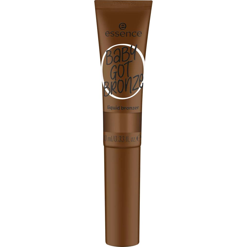 Bruine tube met witte dop. Opschrift: Essence Baby Got Bronze, liquid bronzer. Volume: 10 ml/0.33 fl. oz.