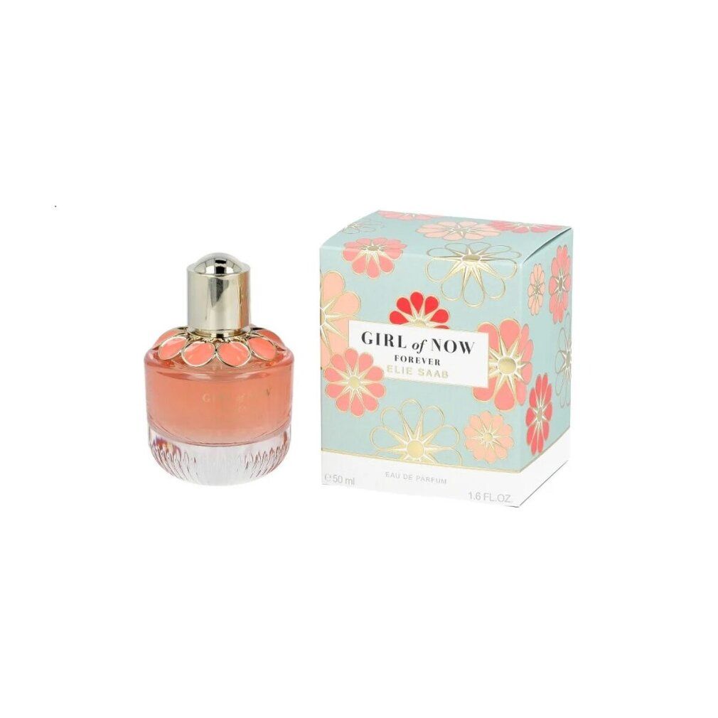 Flacon d'Elie Saab Girl of Now Forever Eau de Parfum avec bouchon argenté et applications florales roses.