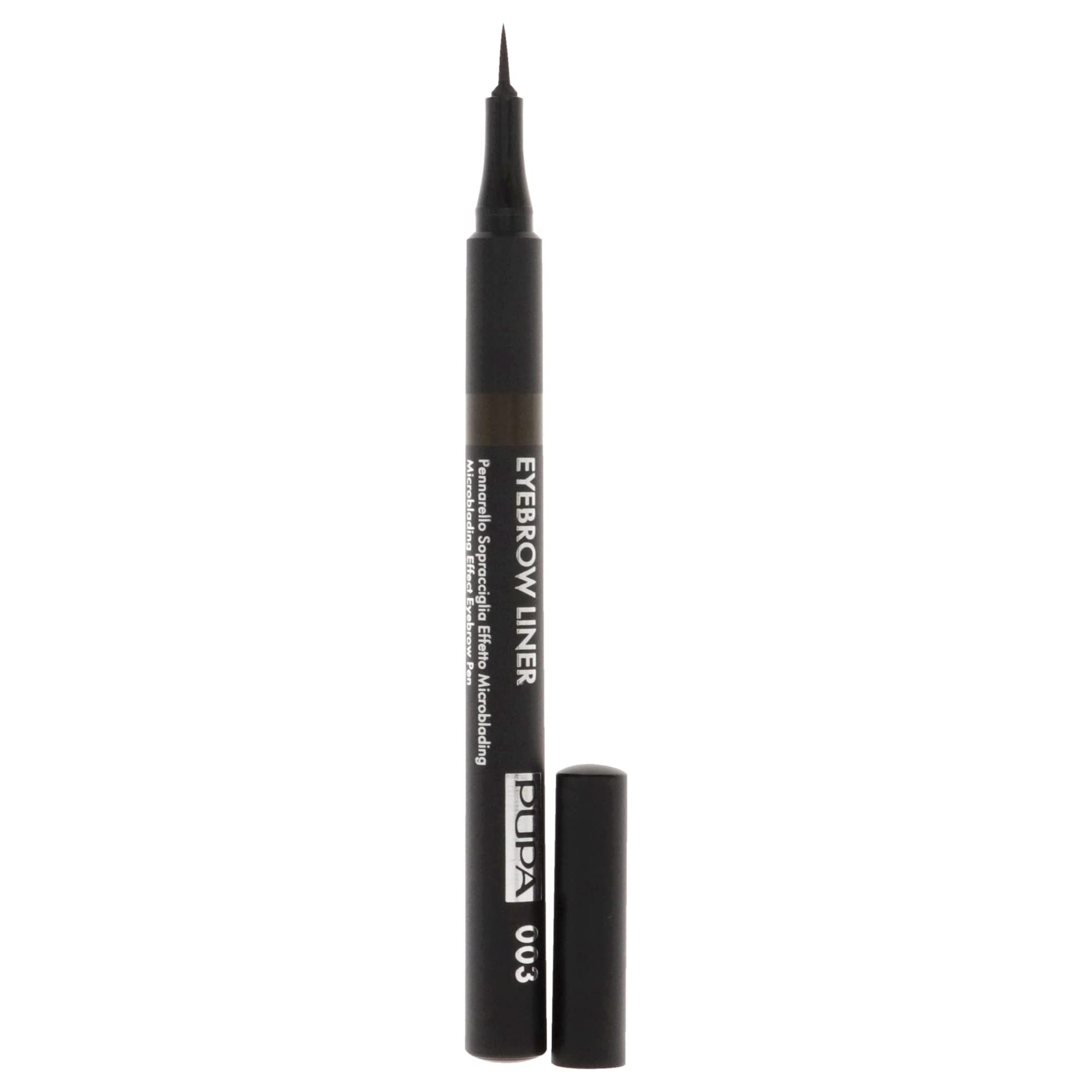 Feutre à sourcils brun avec pointe noire et capuchon noir. Inscription : Pupa Milano, Eyebrow Liner 003.