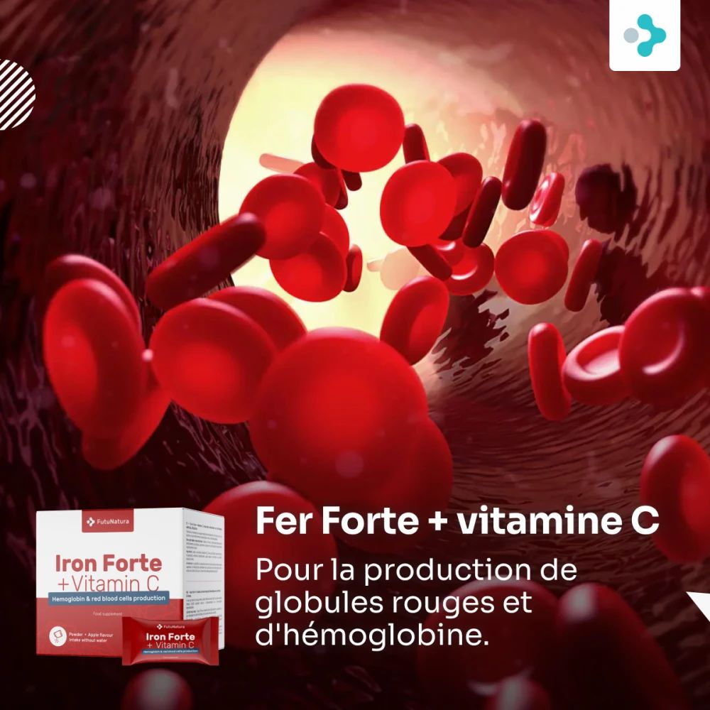 Illustration de globules rouges dans un vaisseau sanguin. Texte: Fer Forte + vitamine C. Pour la production de globules rouges.