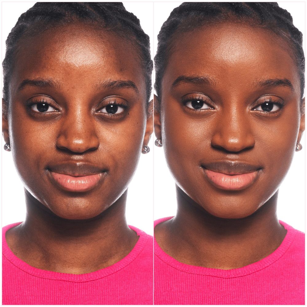 Voor-en-na-afbeelding van een persoon met foundation. Linkerkant: zonder foundation. Rechterkant: met foundation.