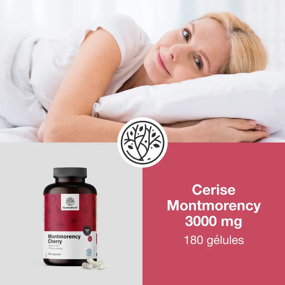 Femme au lit. Flacon avec inscription: Cerise Montmorency 3000 mg, 180 gélules. Logo: HealthyWorld.
