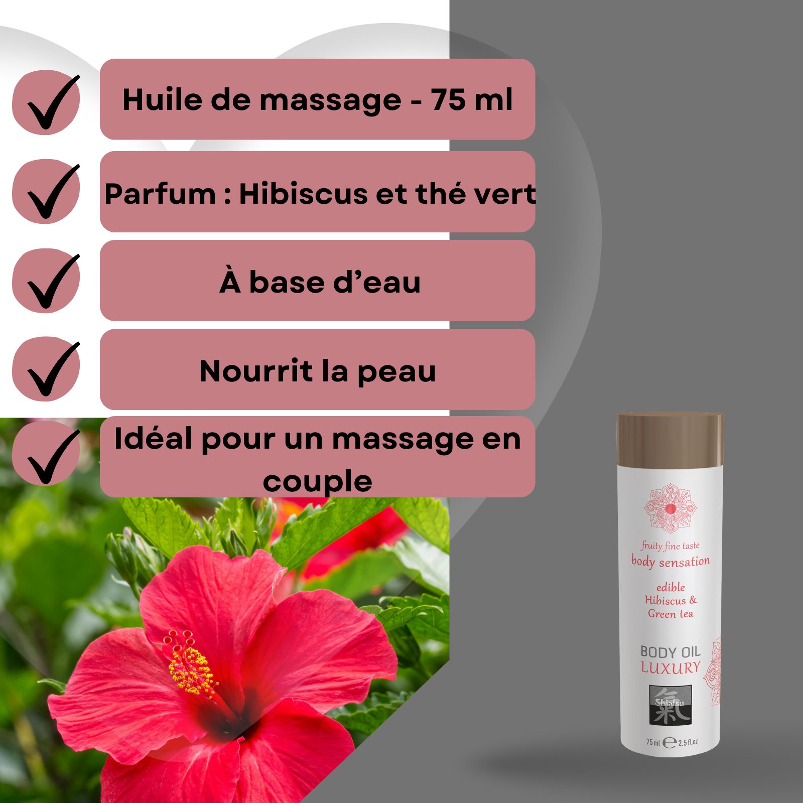 Flacon Shiatsu Body Oil Luxury arôme thé vert et hibiscus, 75ml.
