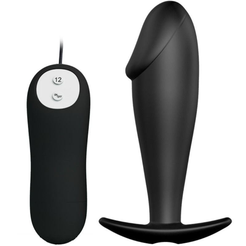 Zwarte siliconen anale plug met T-vormige basis en apart zwart bedieningsapparaat met twee knoppen.
