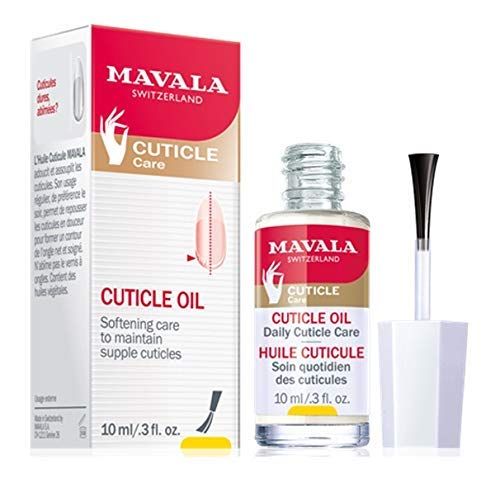 Mavala Cuticle Oil. Fles en verpakking. Fles met borstel. Verpakking met productafbeelding en tekst. 10 ml.