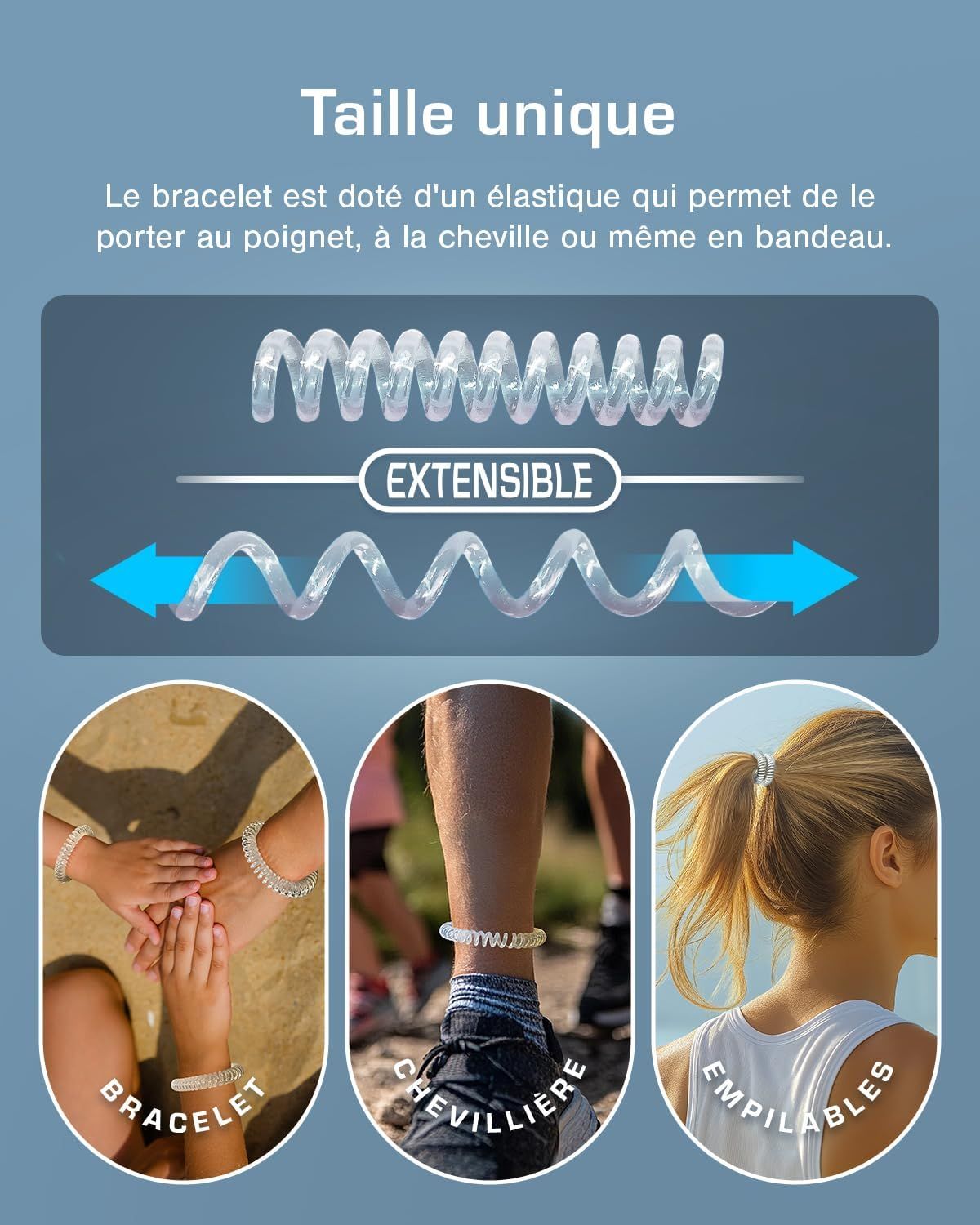 Bracelet spirale transparent et extensible pour poignet, cheville ou cheveux.