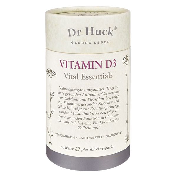 Dr. Huck Vitamin D3 Kapseln Vegan. Cilindrische kartonnen doos met opschrift: Vitamin D3, Vital Essentials. Vegetarisch, lactosevrij, glutenvrij.