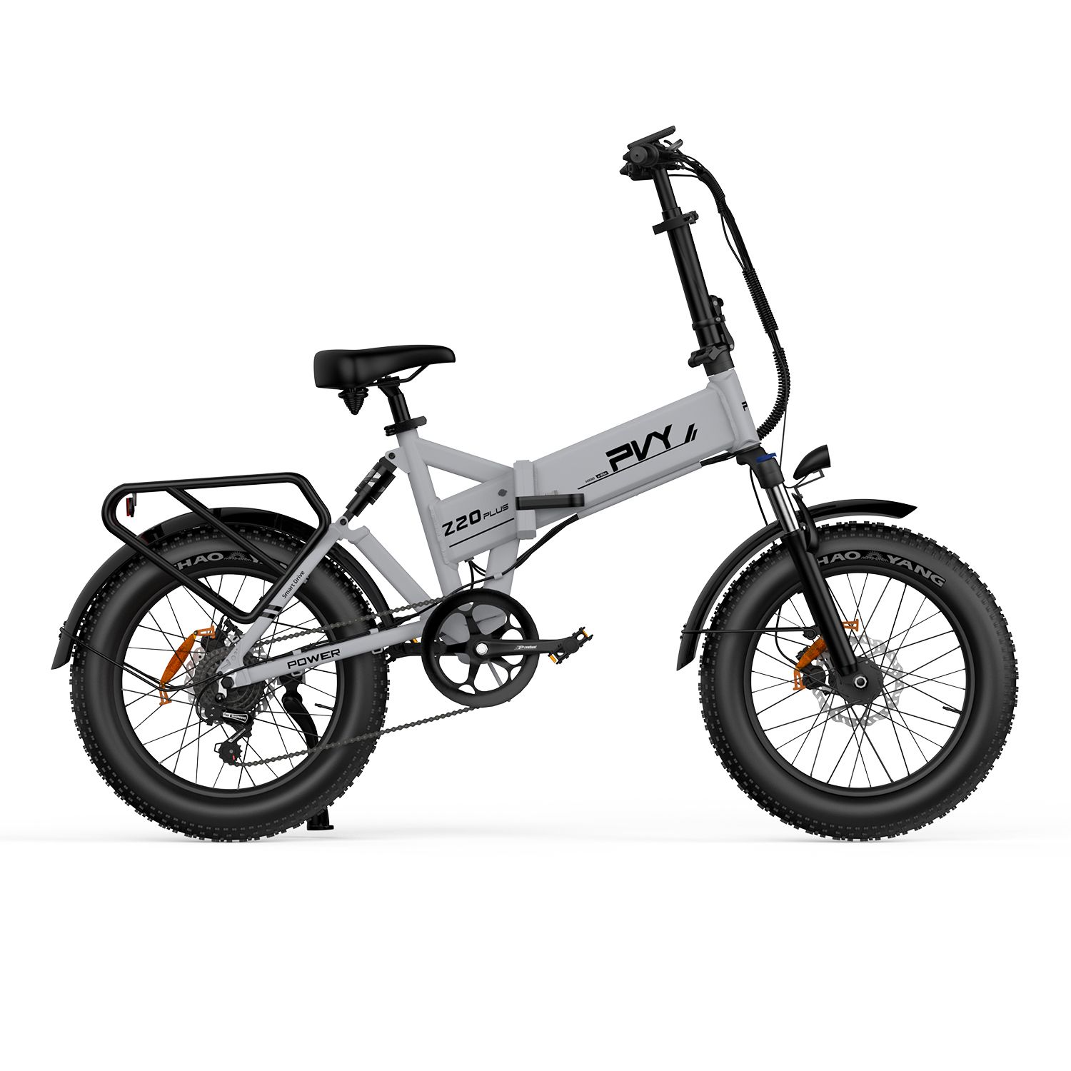 Grijze e-bike met zwarte banden en bagagedrager. Opschrift: PVY Z20 Plus.