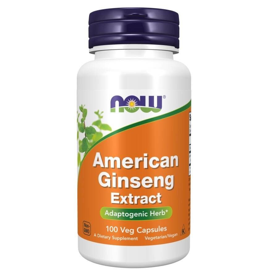 Witte fles met blauwe dop. Opschrift: American Ginseng Extract, 100 Veg Capsules. Merk: NOW.