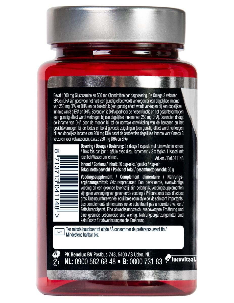 Achterkant van een rode capsulefles. Bevat informatie over ingrediënten, dosering en houdbaarheid. Met logo en contactgegevens.