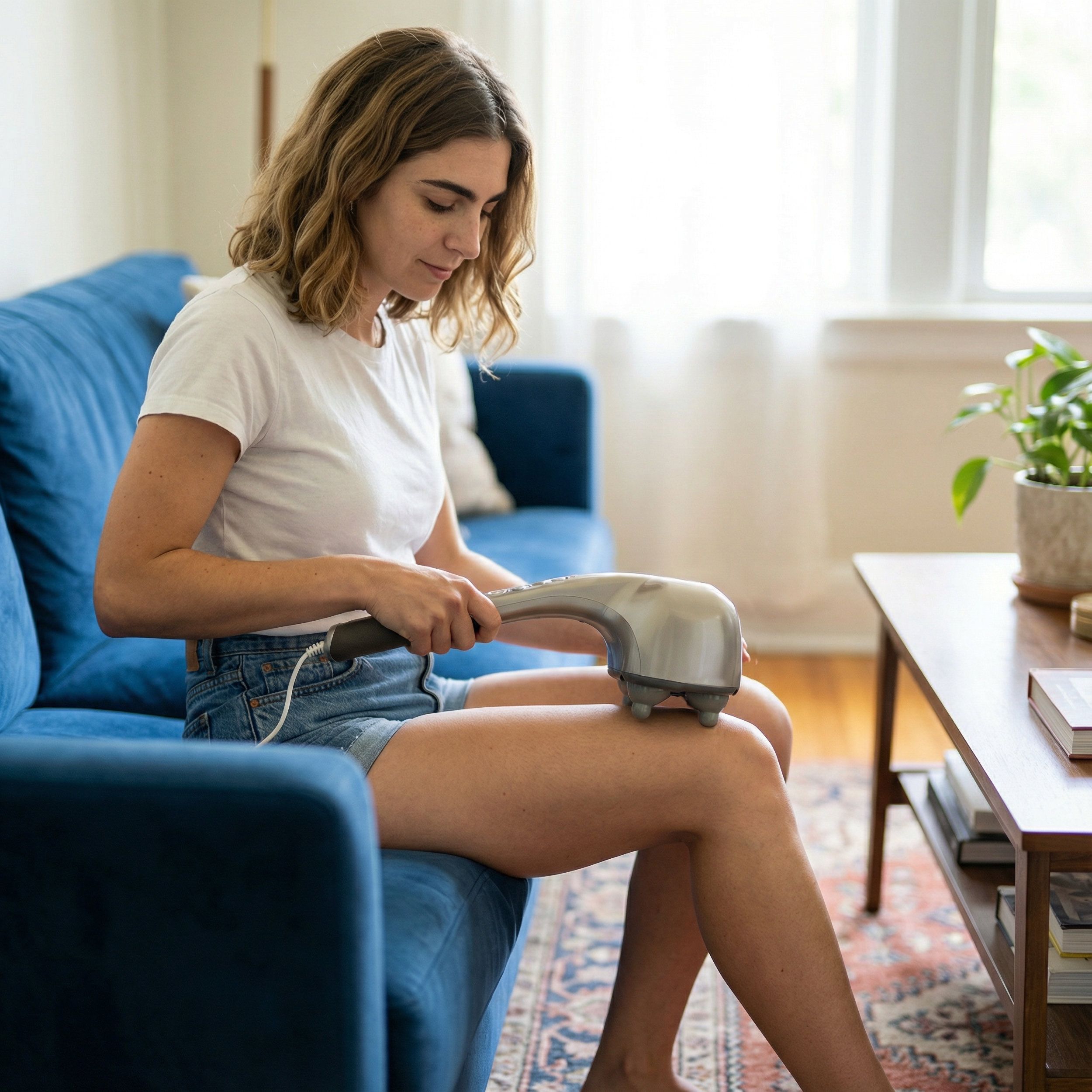 Femme assise sur un canapé, tient un appareil de massage sur la jambe. Appareil argenté avec câble. Salon.