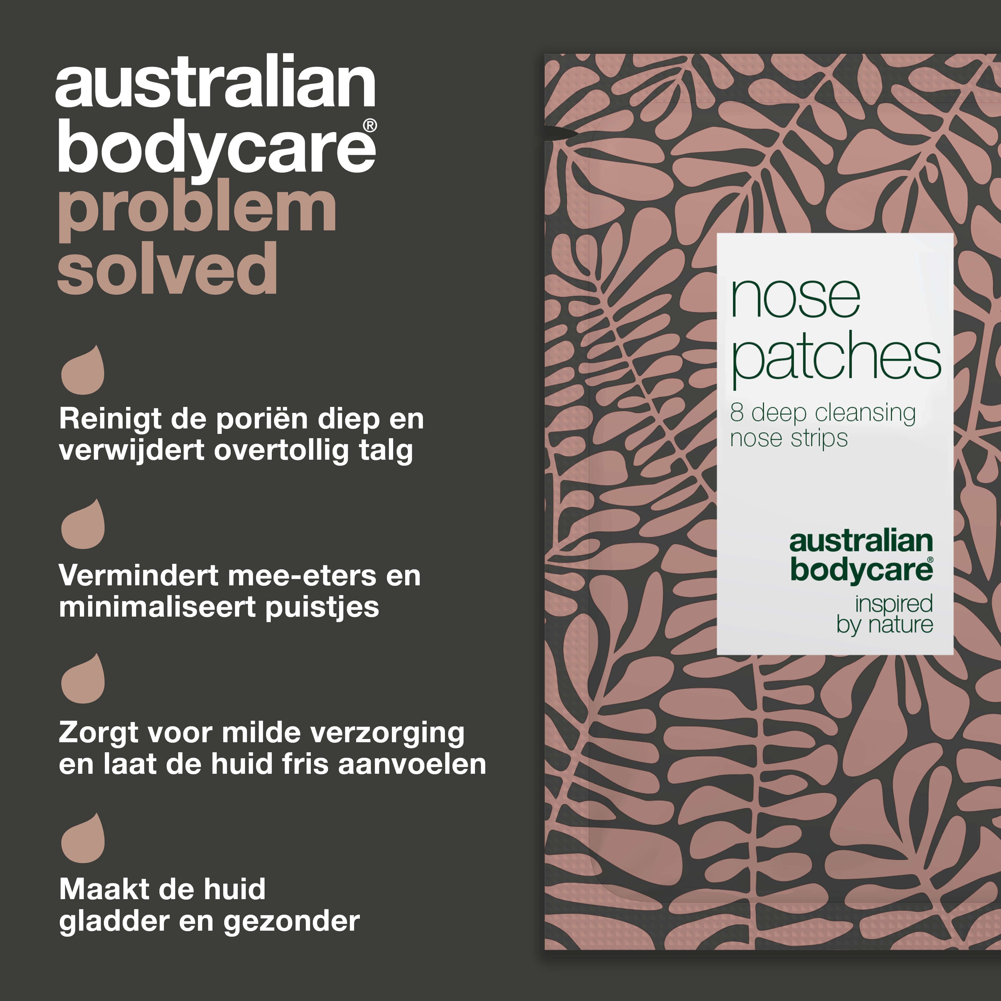 Tekst: Australian Bodycare. Voordelen van de neusstrips. Reinigt poriën, vermindert mee-eters en puistjes. Gladdere huid.