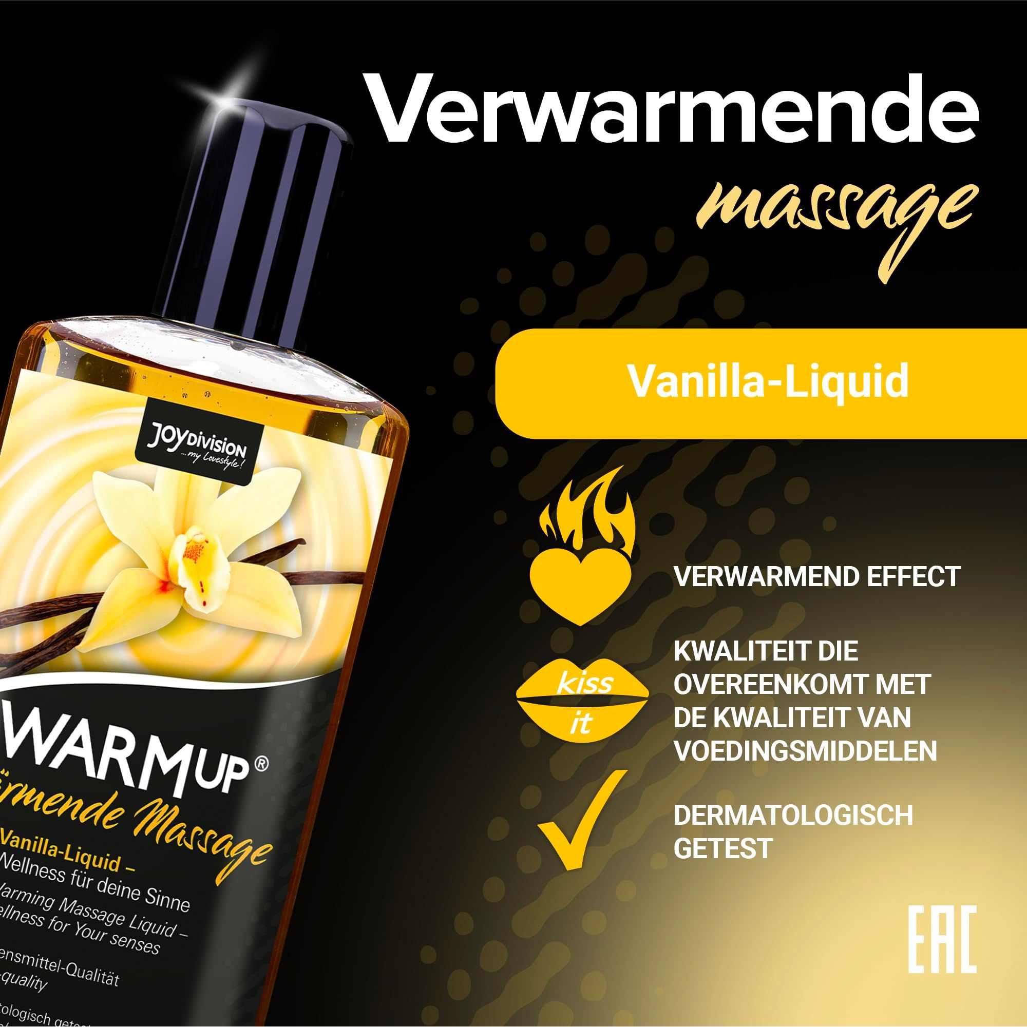 Fles WARMUP Vanille Massage-Liquid met vanillebloem en peulen.
