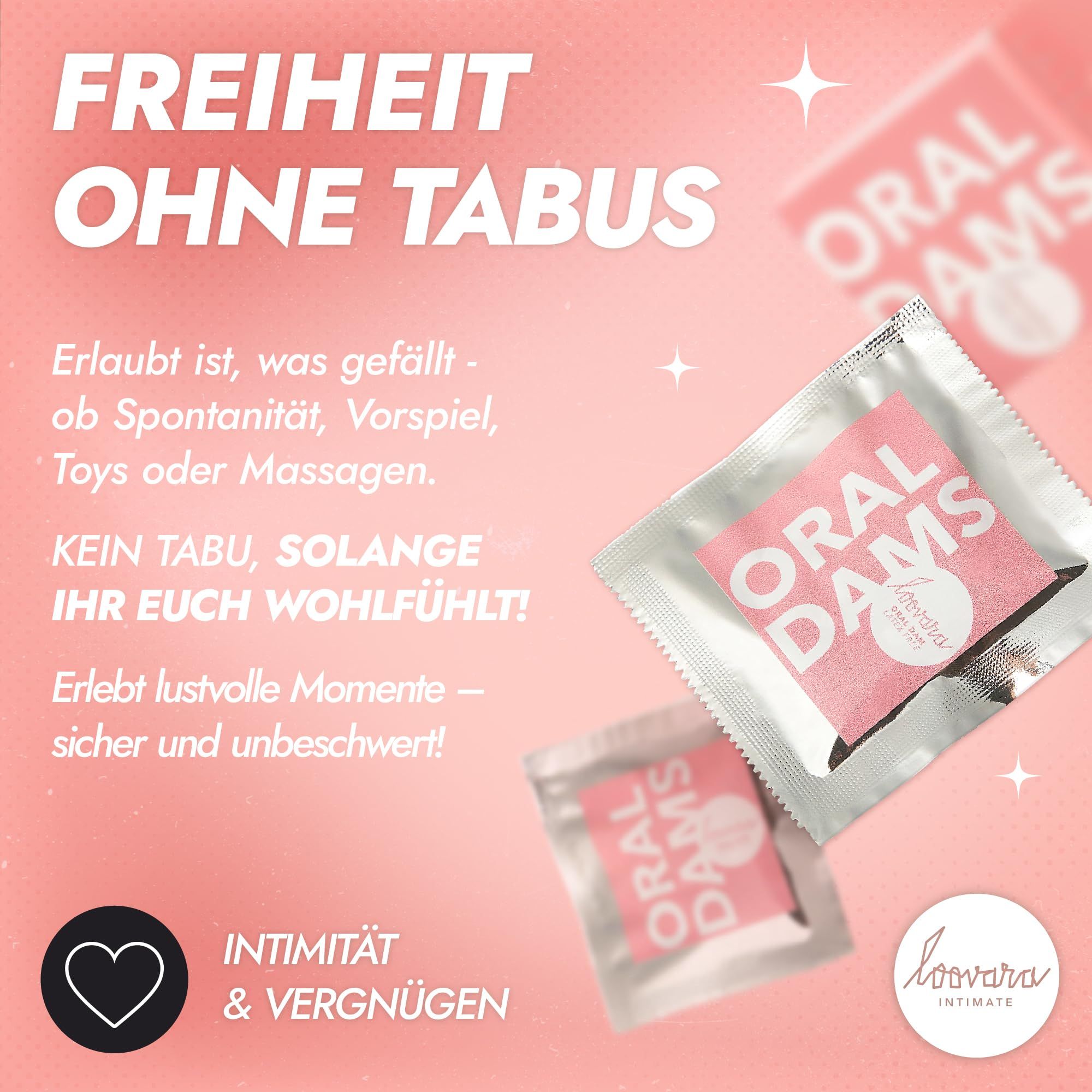 Plusieurs Loovara Oral Dams emballés individuellement, sans latex, sur fond rose.
