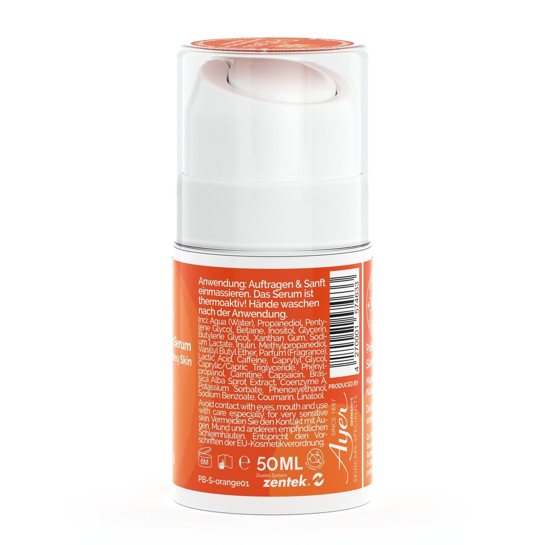 Vue arrière d'un flacon cylindrique avec étiquette orange. Texte: 50ml. Tête de pompe blanche.