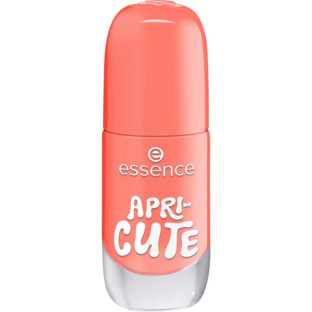 Flacon de vernis à ongles fermé. Vernis pêche, lettrage blanc 'APRI-CUTE'.