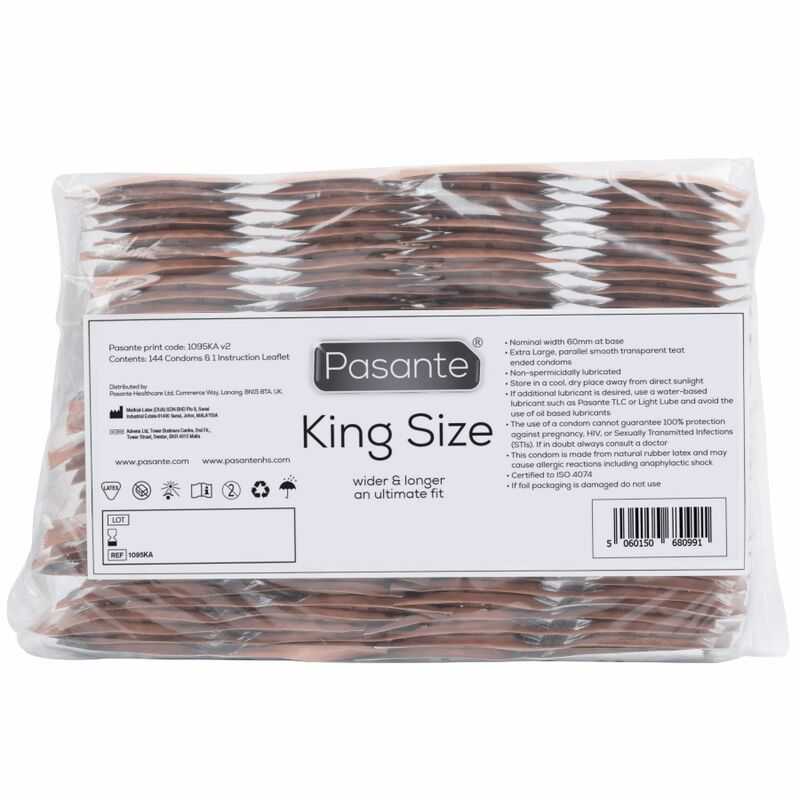 Préservatifs Pasante King Size, 144 pièces. Emballages individuels marron en film transparent avec informations produit.