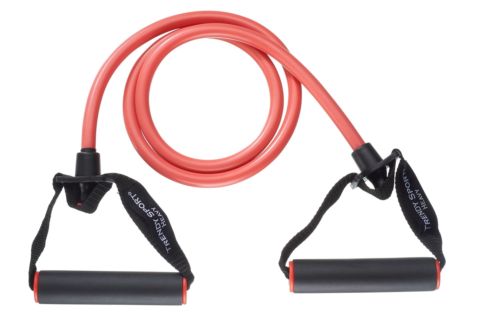 Tube de fitness rouge avec poignées noires. "Trendy Sport" est inscrit sur les poignées.