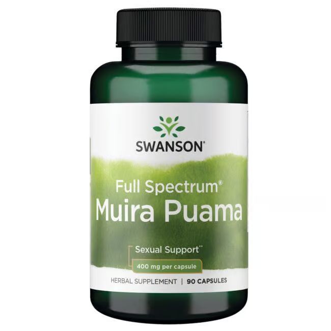 Flacon vert avec étiquette blanche. Inscription: SWANSON, Muira Puama, 400 mg par capsule, 90 capsules. Bouchon noir.