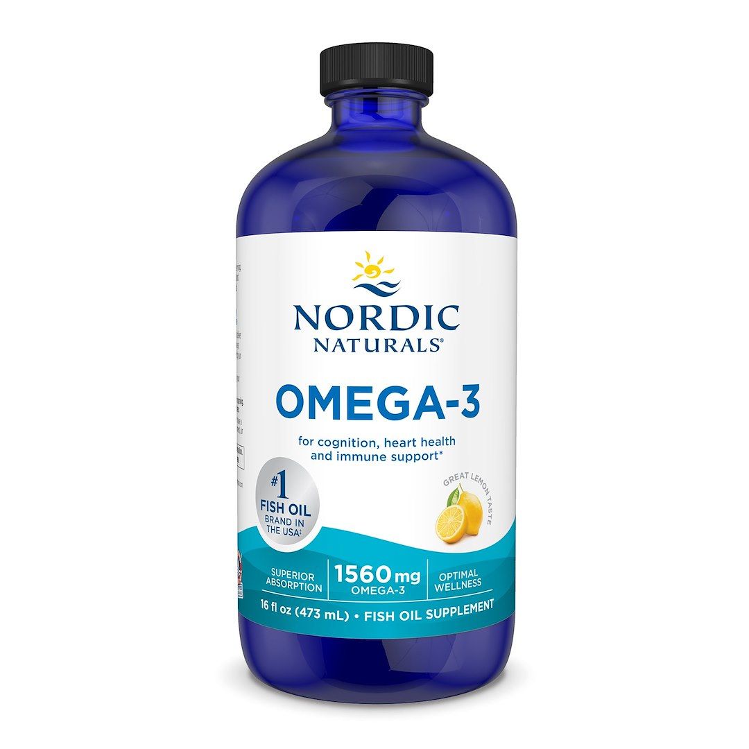 Nordic Naturals Omega-3 Visolie citroensmaak, 1560 mg. Blauwe fles met zonsymbool en citroenafbeelding.