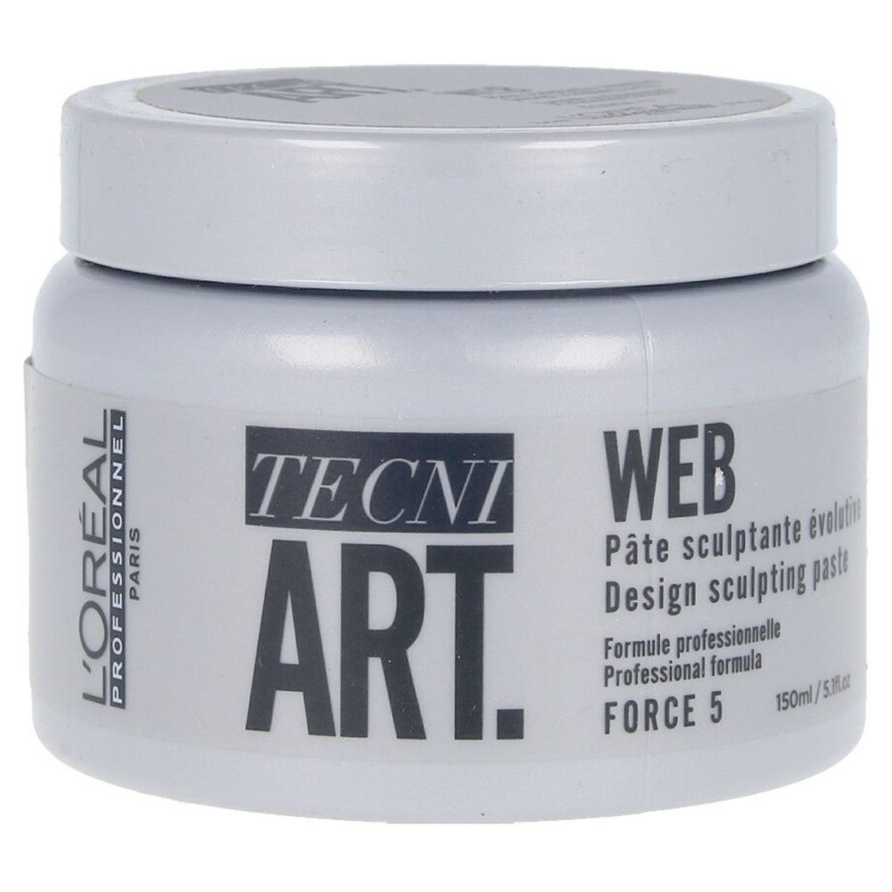 Witte pot met deksel. Opschrift: TECNI ART WEB, Pâte sculptante, Design sculpting paste, FORCE 5. Merk: L'Oréal Professionnel.