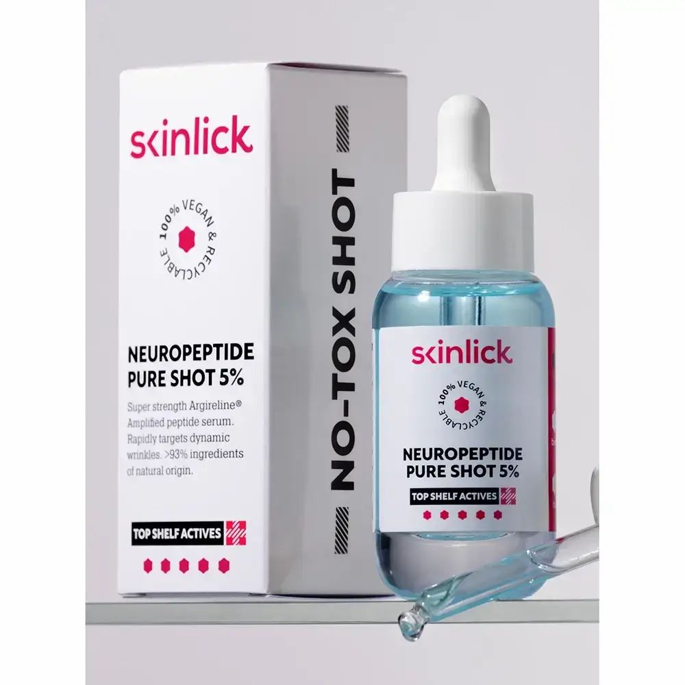 Flacon de sérum et emballage. Skinlick, Neuropeptide Pure Shot 5%. Vegan, recyclable. Pipette à côté.