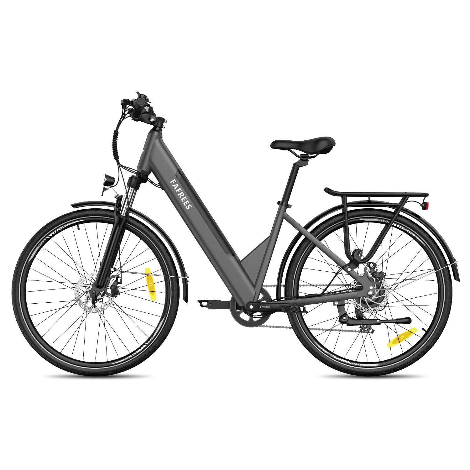 Vélo électrique gris FAFREES avec porte-bagages et garde-boue. Pneus noirs avec détails jaunes.