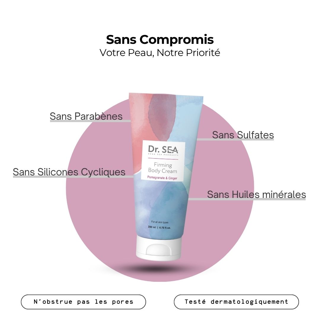 Tube de crème pour le corps avec texte. Texte : Dr. SEA, Firming Body Cream, Grenade & Gingembre. Sans parabènes, sulfates, silicones, huiles minérales.