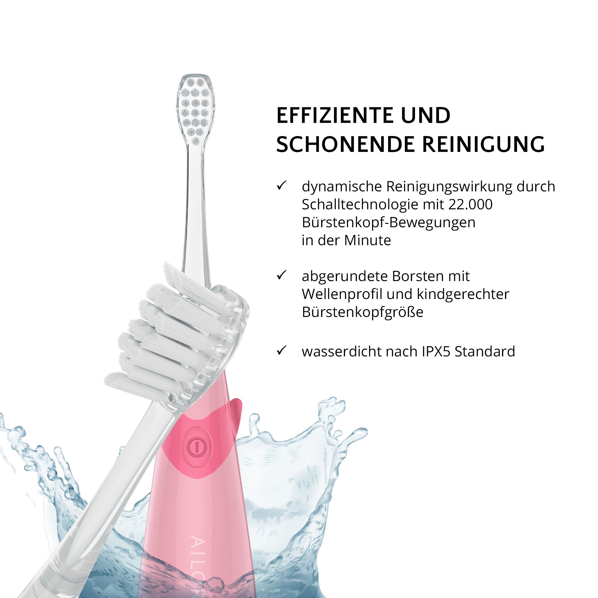 Brosse à dents électrique rose. Texte : Nettoyage efficace et doux. Soies arrondies. Étanche.
