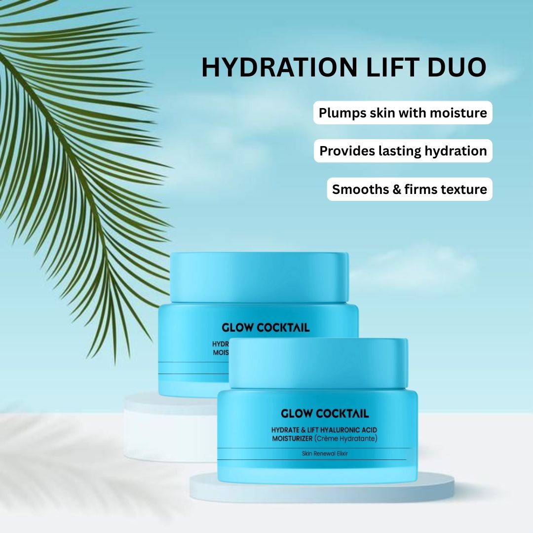 Twee blauwe potjes met witte tekst: GLOW COCKTAIL HYDRATE & LIFT HYALURONIC ACID MOISTURIZER. Achtergrond: palmblad.