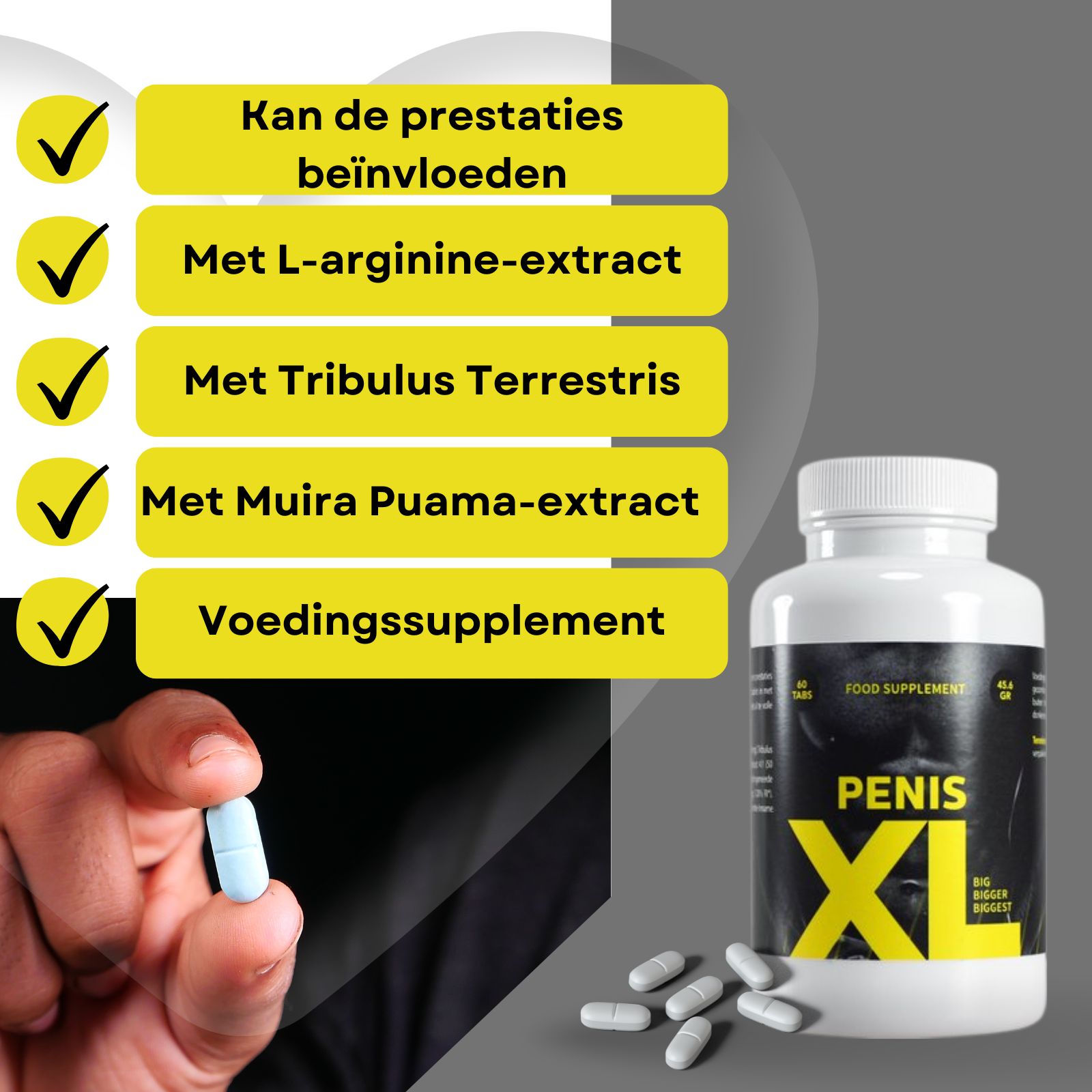 Doos met opschrift PENIS XL. 40 tabletten. Opdruk: BIG BIGGER BIGGEST. Man op de achtergrond. Voedingssupplement.