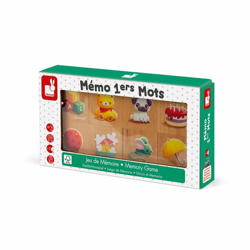 Memoryspel in groene verpakking. Bevat kaarten met gekleurde afbeeldingen. Tekst 'Mémo 1ers Mots'. FSC-logo.