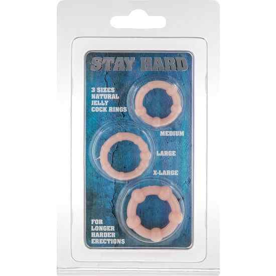Verpakking met drie roze jelly penisringen in de maten Medium, Large en X-Large.