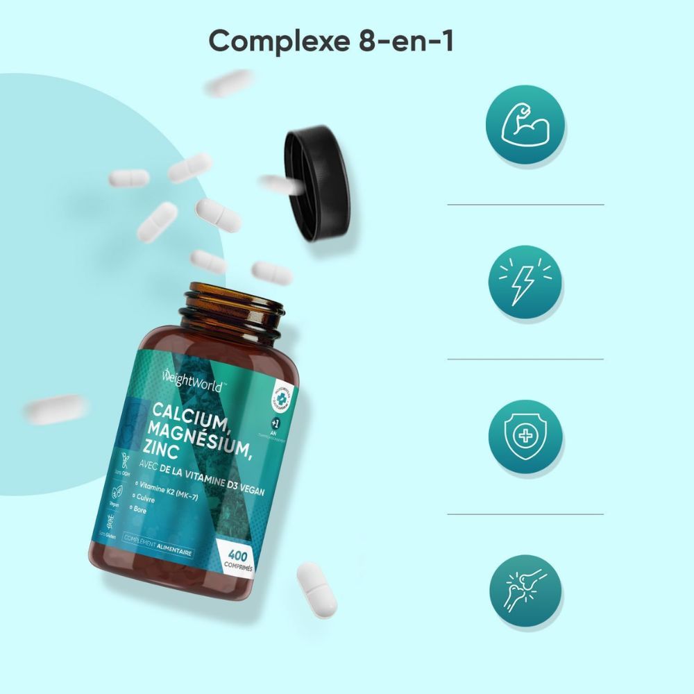Flacon WeightWorld Calcium, Magnésium, Zinc. 400 comprimés. Complexe 8-en-1. Avantages : énergie, système immunitaire, digestion, articulations.