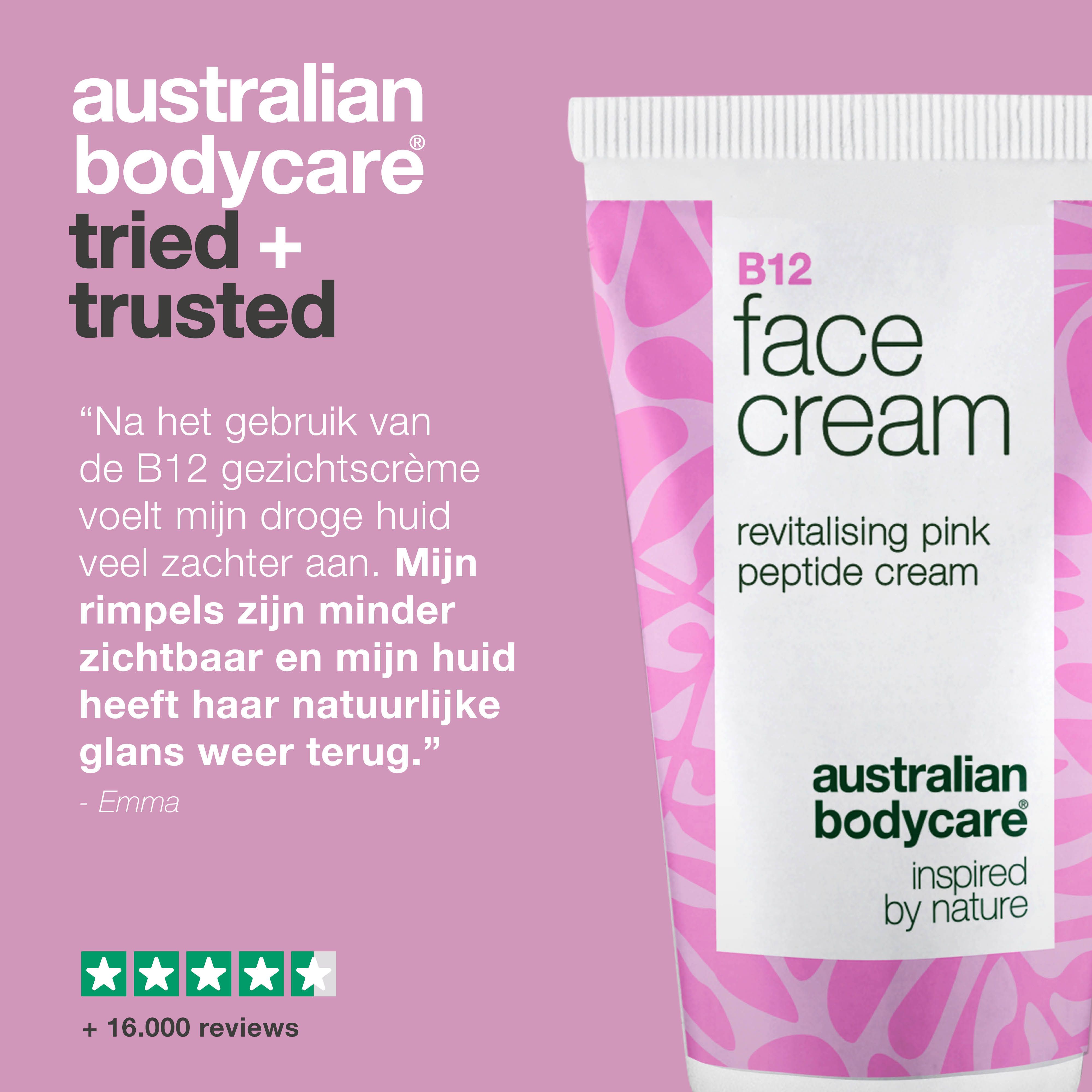 Tube B12 Face Cream. Opschrift: Face Cream, Australian Bodycare. Citaat en sterrenbeoordeling. Roze achtergrond.