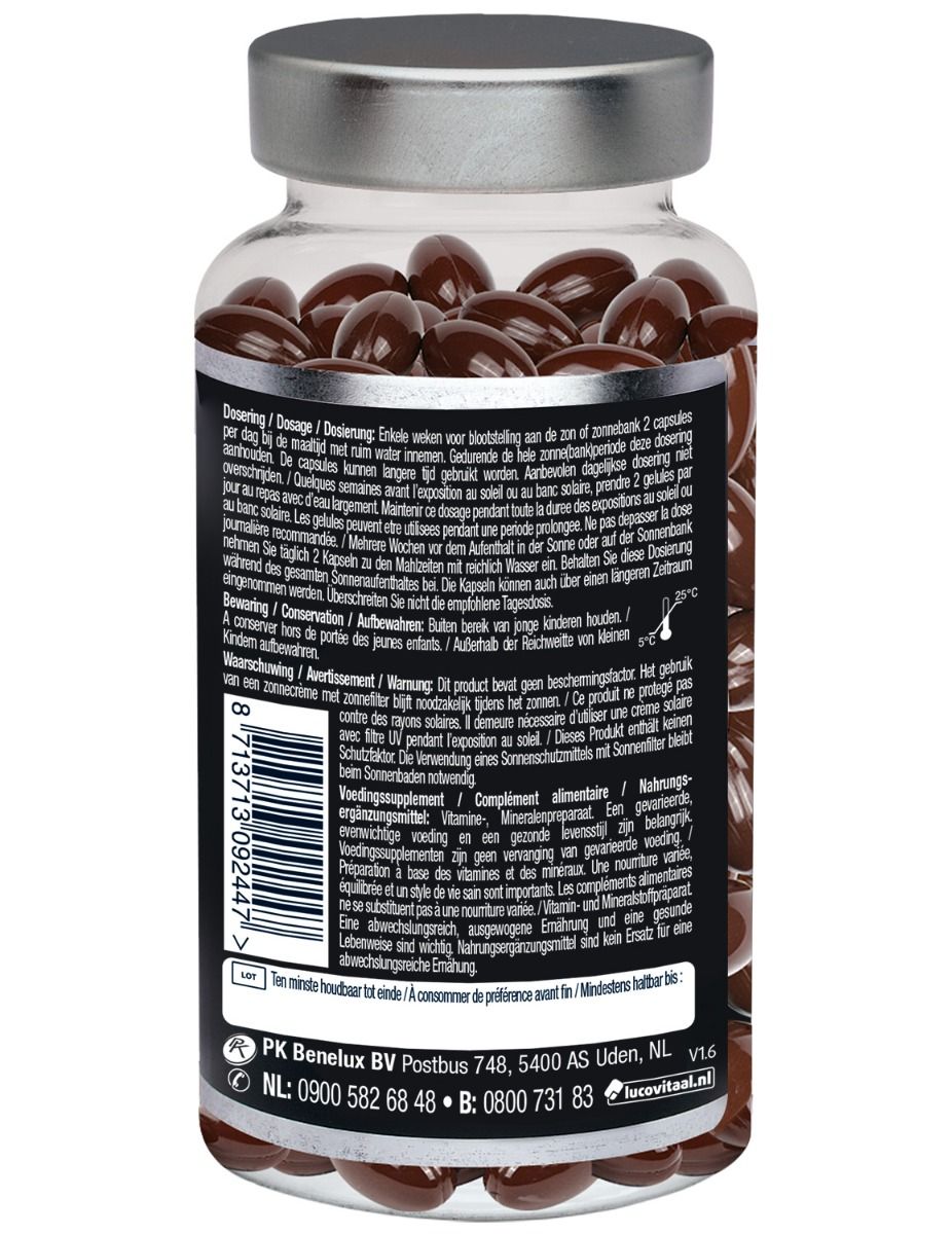 Dos d'une bouteille contenant des gélules brunes. Contient des informations sur le dosage et des avertissements.