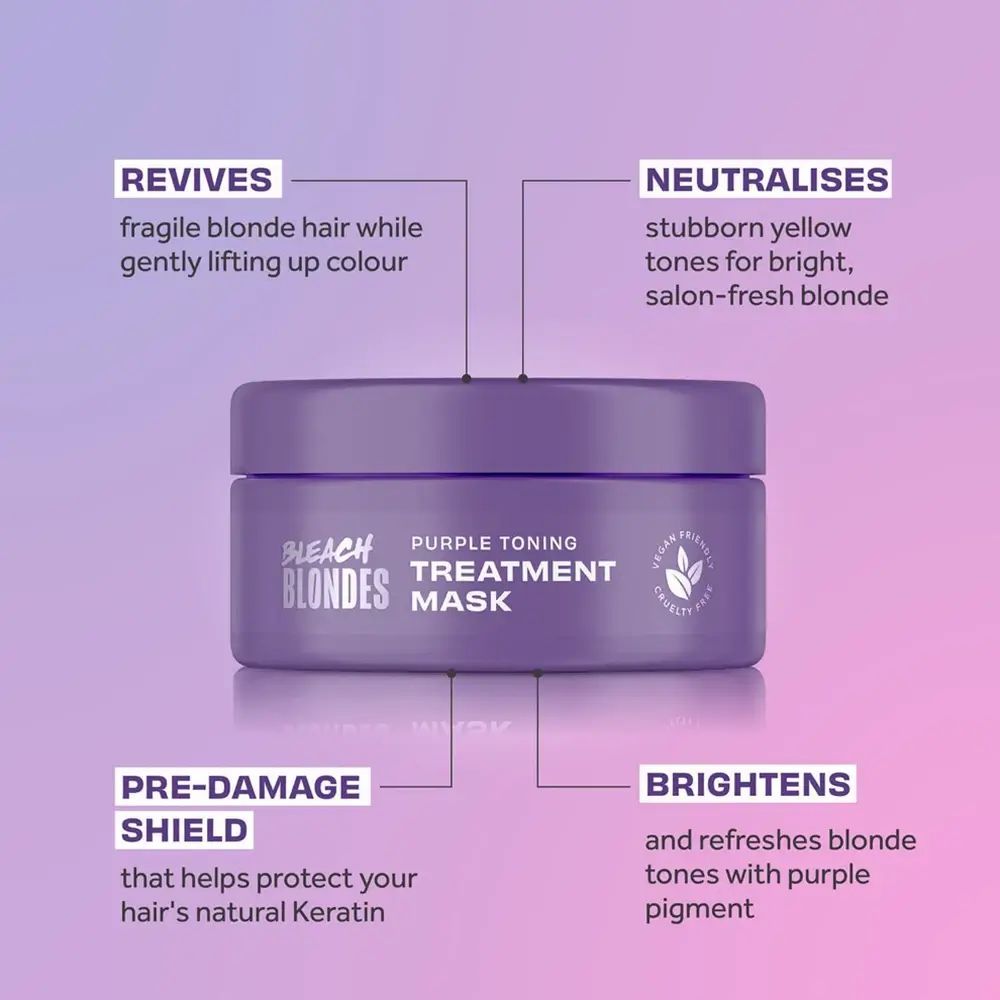 Paarse pot met product, omringd door teksten: Revives, Neutralises, Pre-Damage Shield, Brightens. Vegan.