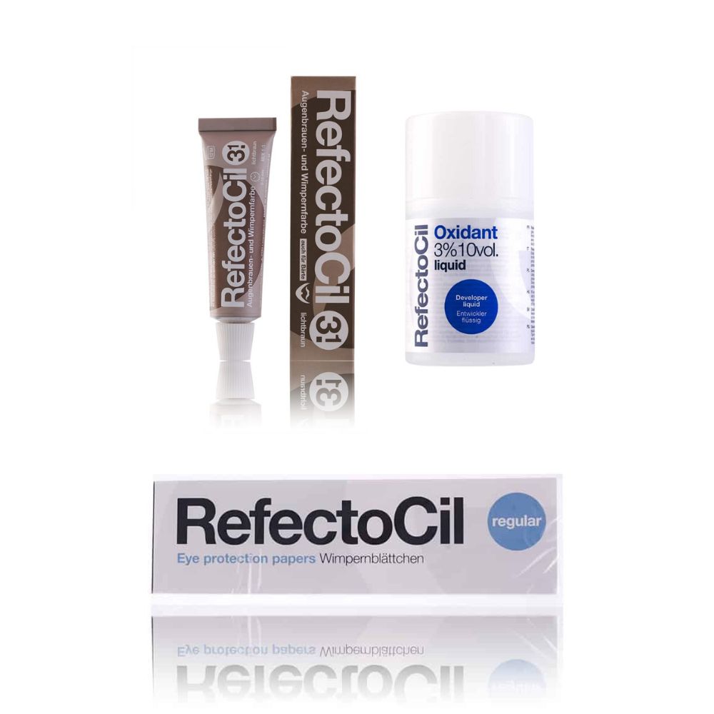 Ensemble de teinture pour cils, oxydant et papillotes. Produits avec l'inscription RefectoCil.