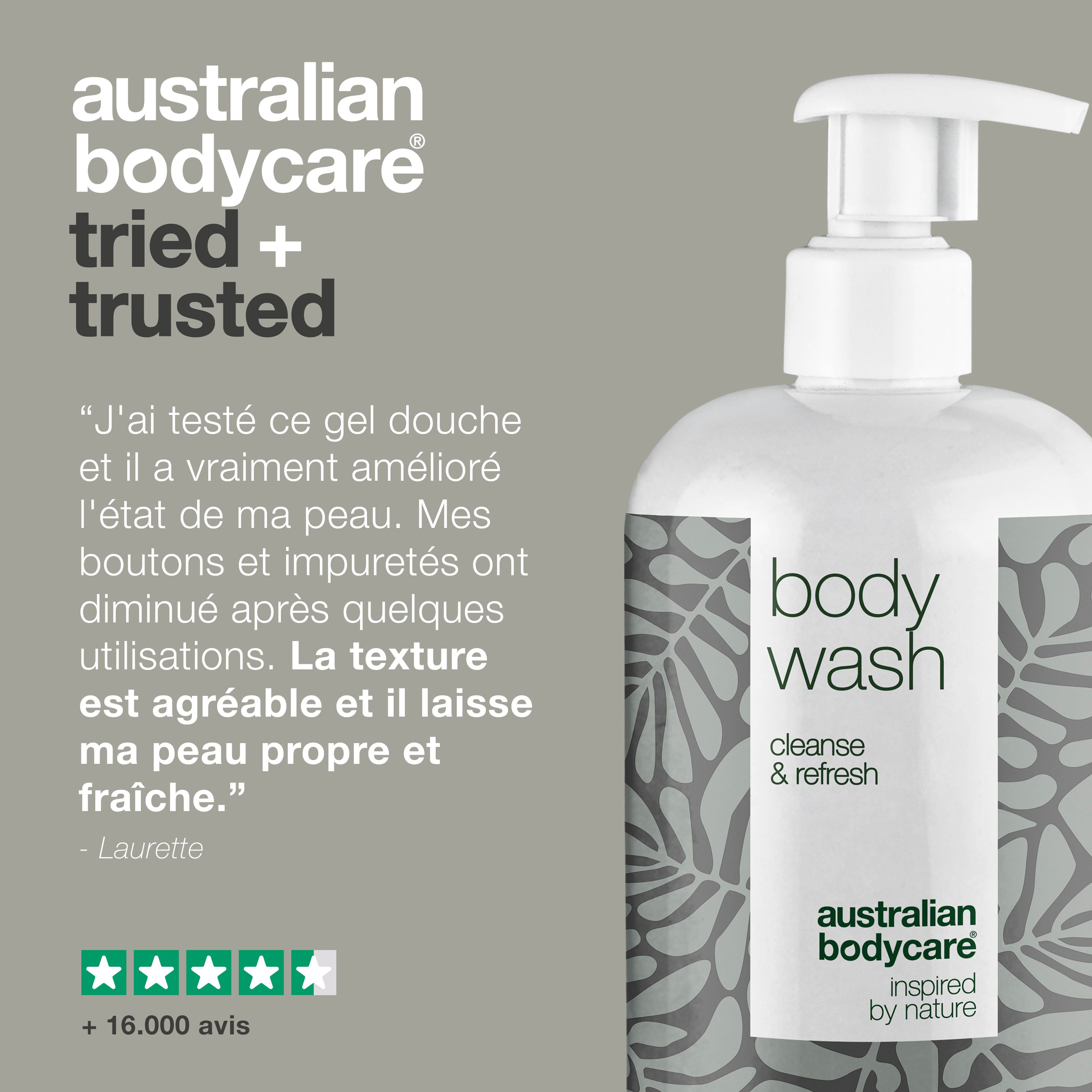 Flacon de Body Wash avec pompe. Texte : Essayé et approuvé. Citation et évaluation par étoiles.