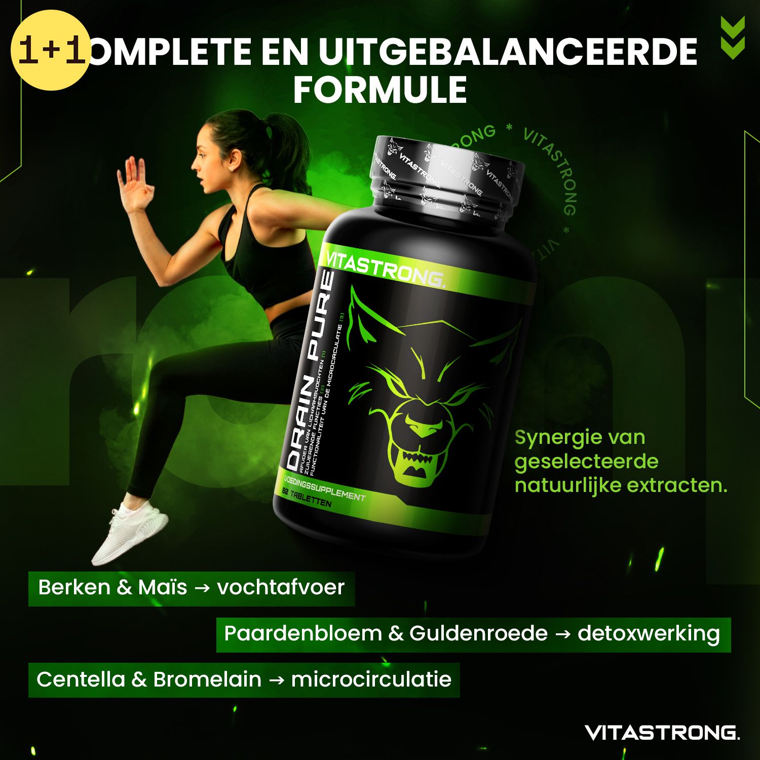 Vrouw met Vitastrong Drainpure. Tekst: Complete en uitgebalanceerde formule. Ingrediënten.