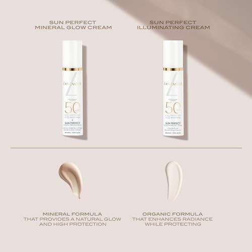 Twee producten naast elkaar. Tekst: Sun Perfect Mineral Glow Cream en Sun Perfect Illuminating Cream. Productmonsters eronder.