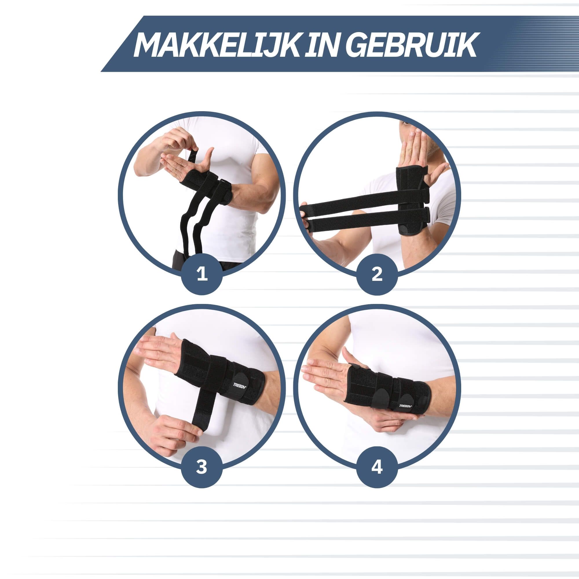 Instructies voor het aanbrengen van een polsbrace in vier stappen.