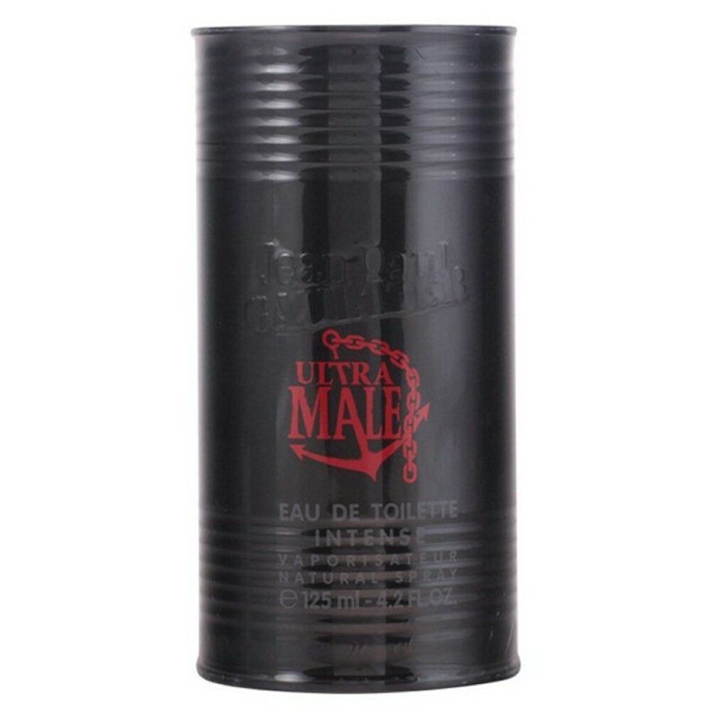 Zwarte cilindrische doos met rode tekst "Ultra Male". Tekst: Eau de Toilette Intense.