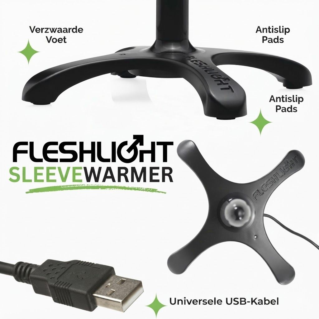Zwarte verzwaarde voet met antislip pads en universele USB-kabel voor de Fleshlight Sleevewarmer.