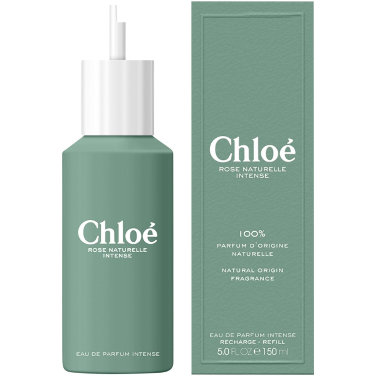 Groene navulflacon voor Eau de Parfum Intense naast verpakking. Chloe Rose Naturelle Intense tekst.