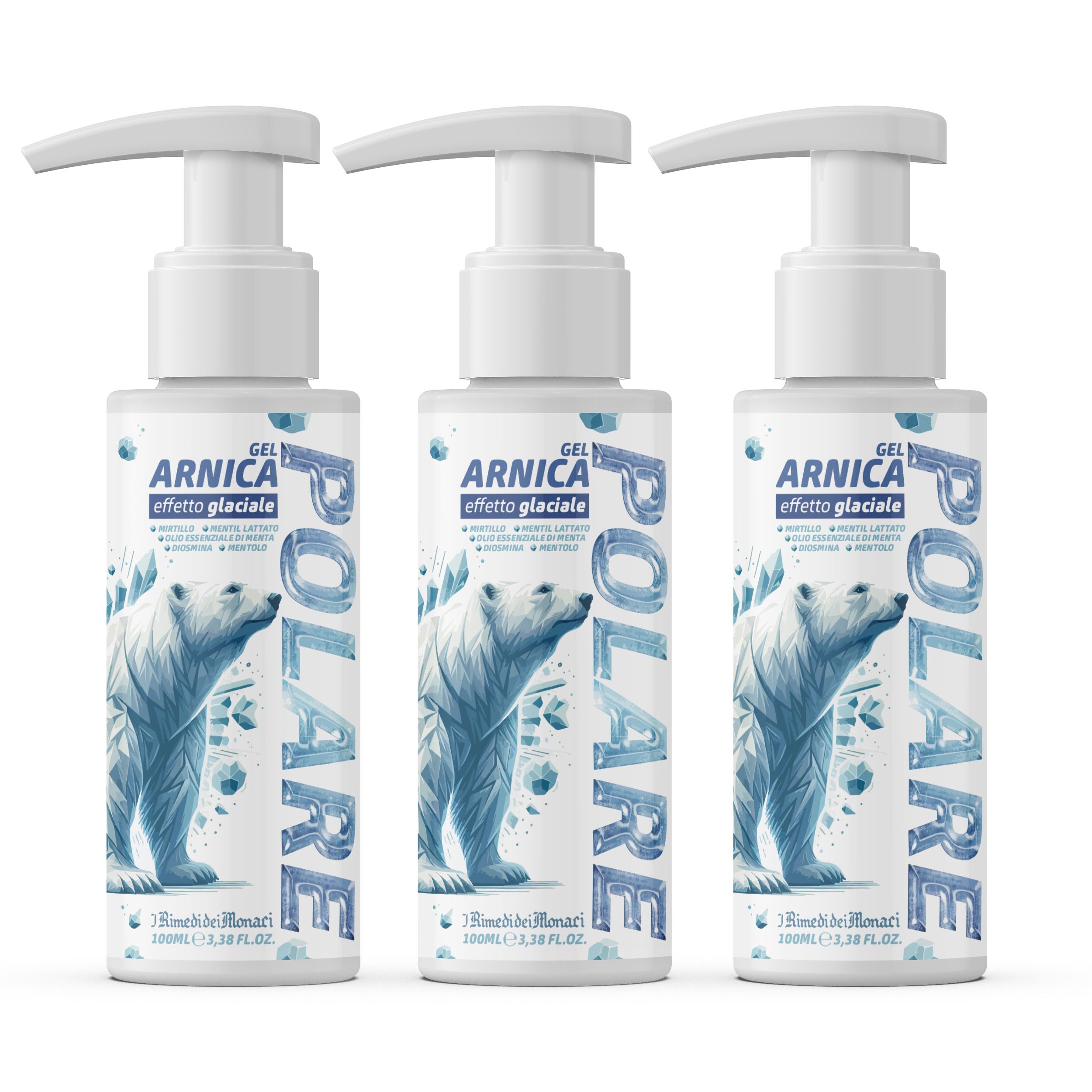 Drie witte flessen met pomp. Elke fles heeft de tekst "GEL ARNICA effetto glaciale" en een ijsbeermotief.