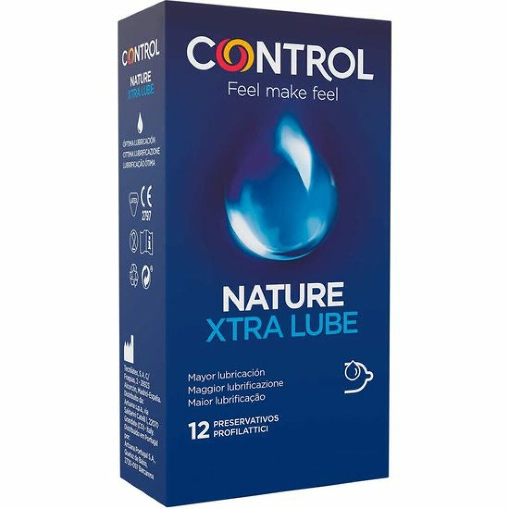 Boîte bleue avec logo et nom du produit. Contient 12 préservatifs. Inscription : Nature Xtra Lube. Marquage CE.
